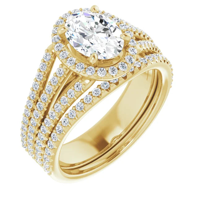 Oval Yellow Gold Halo Split Pave Moissanite Engagement Ring