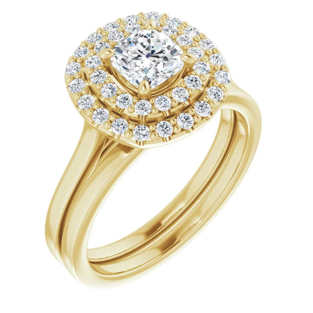 Cushion Yellow Gold Double Halo Solitaire Moissanite Engagement Ring