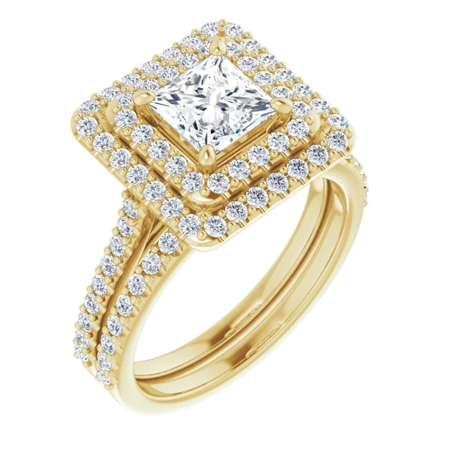 Princess Double Halo Yellow Gold Moissanite Engagement Ring
