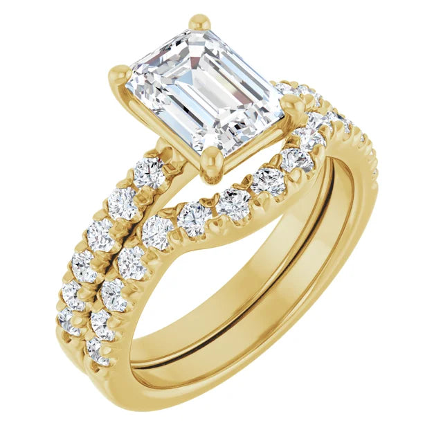 Emerald Yellow Gold Four Claw Pave Band Moissanite Engagement Ring