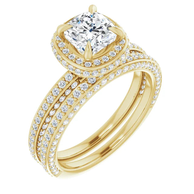 Cushion Yellow Gold Halo Pave Style Moissanite Engagement Ring