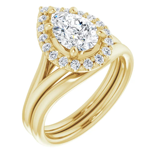 Pear Yellow Gold Halo Solitaire Split Band Moissanite Engagement Ring