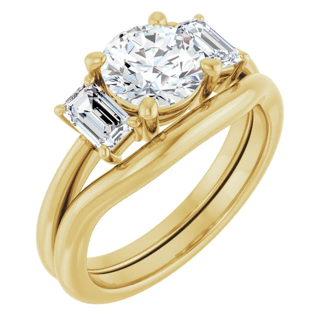 Round Brilliant Yellow Gold Tri Stone Moissanite Engagement Ring