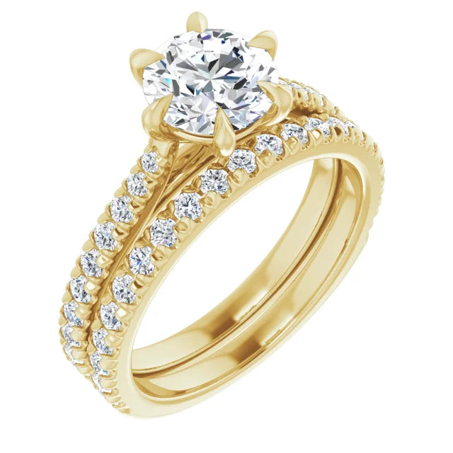 Round Brilliant Yellow Gold Six Claw Pave Moissanite Engagement Ring