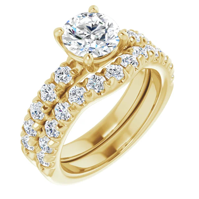 Round Brilliant Yellow Gold Four Claw Pave Moissanite Engagement Ring