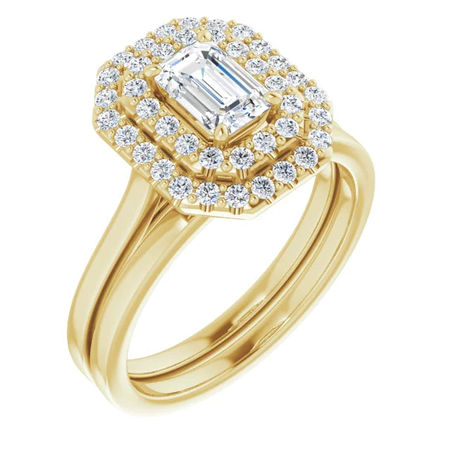 Emerald Yellow Gold Double Halo Solitaire Moissanite Engagement Ring