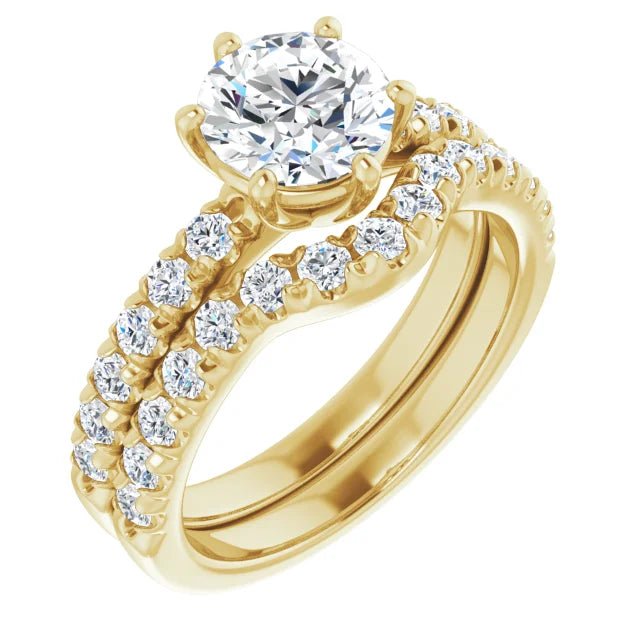 Round Brilliant Yellow Gold Six Claw Pave Band Moissanite Engagement Ring