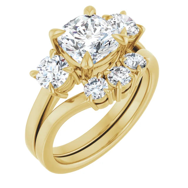 Cushion Yellow Gold Tri Stone Moissanite Engagement Ring