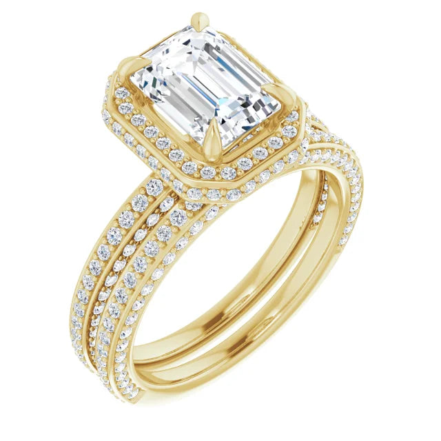 Emerald Yellow Gold Halo Pave Style Moissanite Engagement Ring