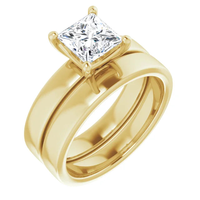 Princess Yellow Gold Wide Band Solitaire Moissanite Engagement Ring
