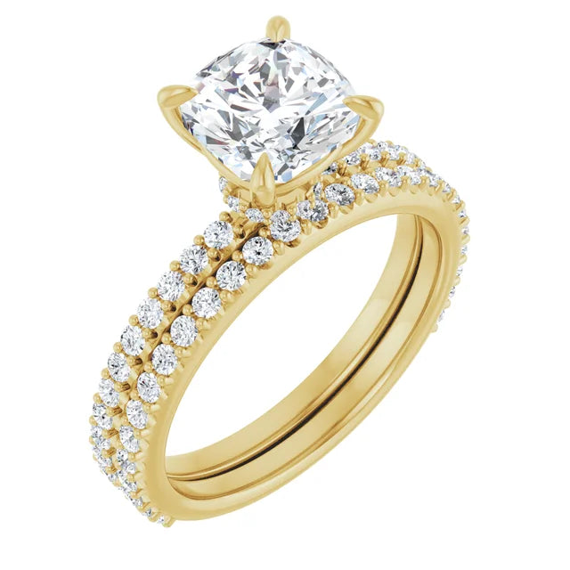 Cushion Yellow Gold Pave Moissanite Engagement Ring