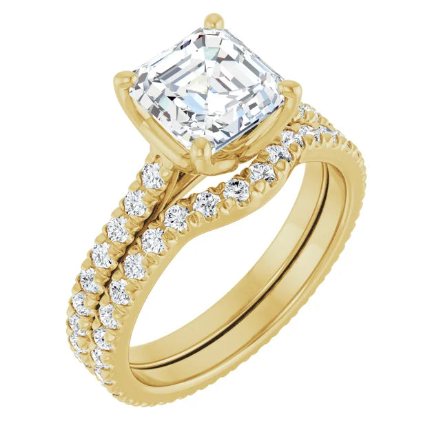 Asscher Yellow Gold Pave Moissanite Engagement Ring