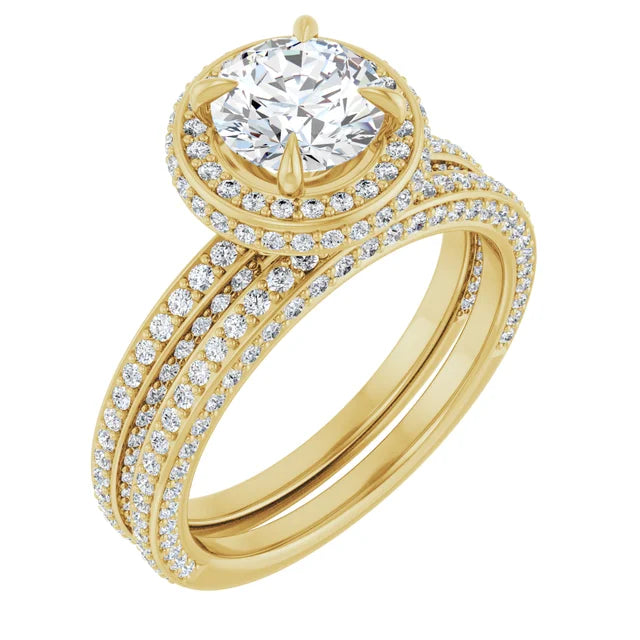Round Brilliant Yellow Gold Halo Pave Style Moissanite Engagement Ring