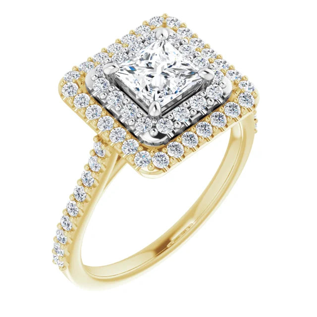Princess Double Halo White & Yellow Gold Moissanite Engagement Ring