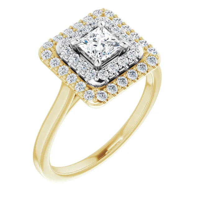 Princess White & Yellow Gold Double Halo Solitaire Moissanite Engagement Ring