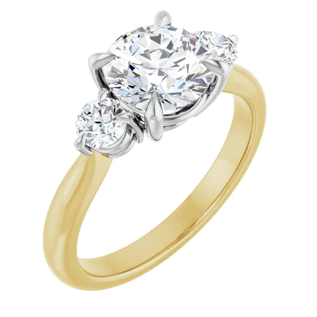 Round Brilliant White & Yellow Gold Tri Stone Moissanite Engagement Ring