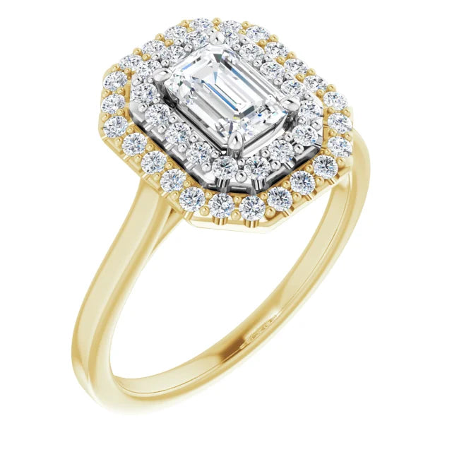 Emerald White & Yellow Gold Double Halo Solitaire Moissanite Engagement Ring