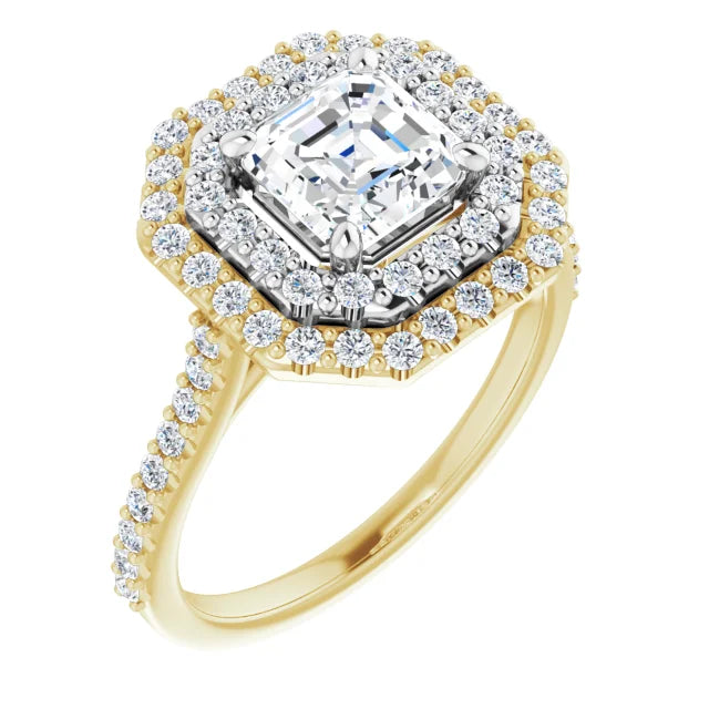 Asscher Double Halo Yellow & White Gold Moissanite Engagement Ring