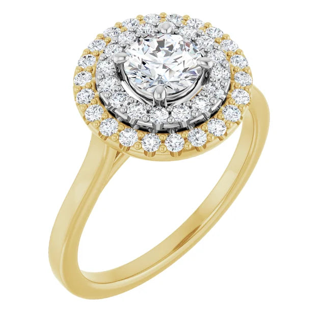 Round Brilliant Yellow & White Gold Double Halo Solitaire Moissanite Engagement Ring