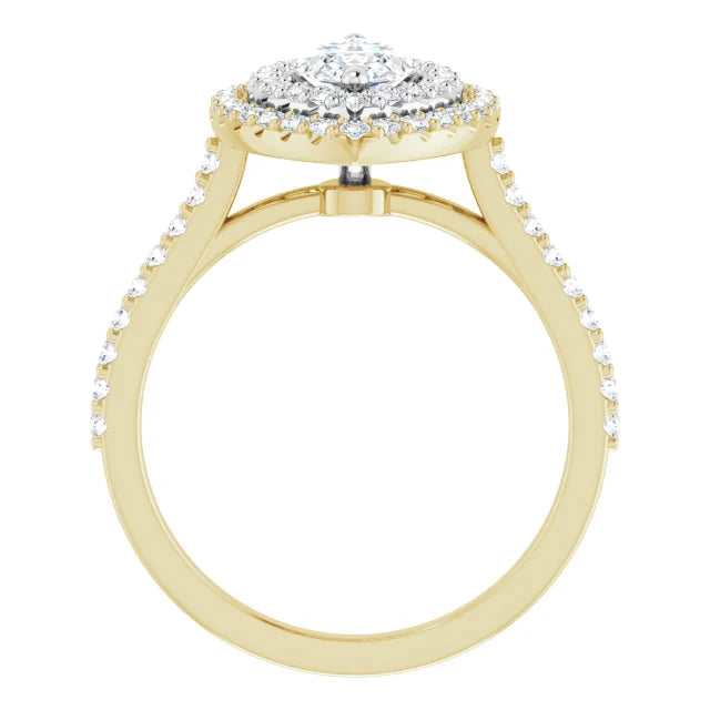 Marquise Double Halo White & Yellow Gold Moissanite Engagement Ring