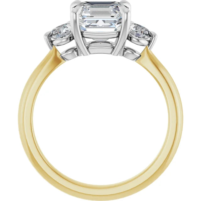 Asscher White & Yellow Gold Tri Stone Moissanite Engagement Ring