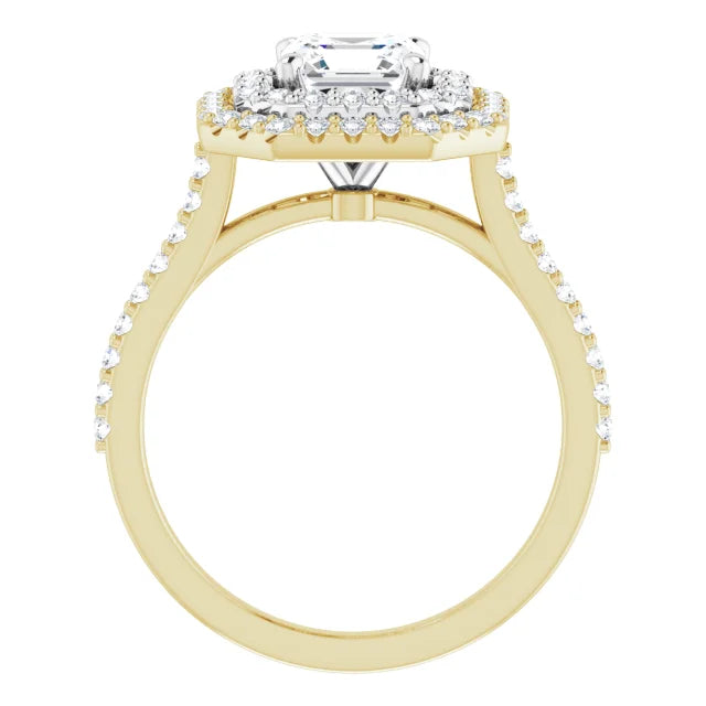 Asscher Double Halo White & Yellow Gold Moissanite Engagement Ring