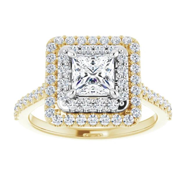 Princess Double Halo White & Yellow Gold Moissanite Engagement Ring