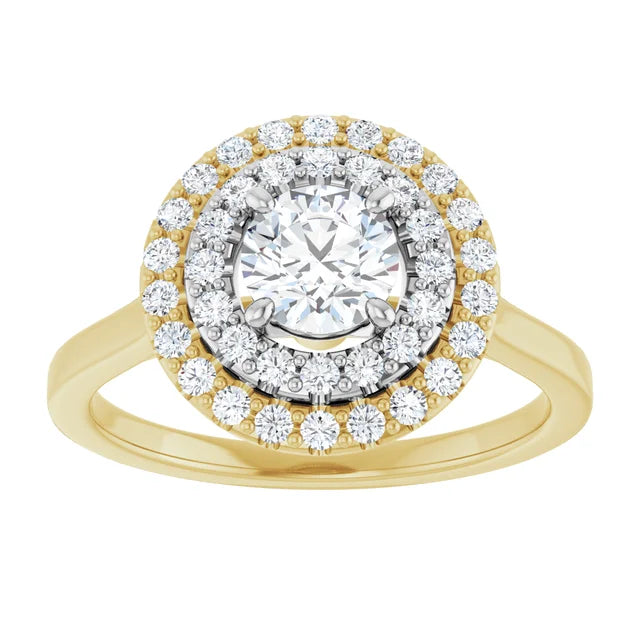 Round Brilliant White & Yellow Gold Double Halo Solitaire Moissanite Engagement Ring