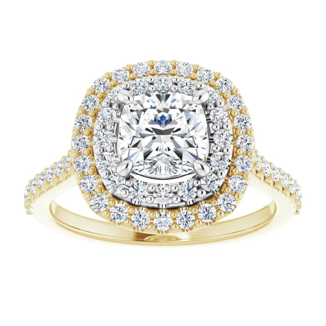 Cushion Double Halo White & Yellow Gold Moissanite Engagement Ring