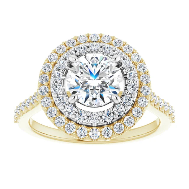 Round Brilliant Double Halo White & Yellow Gold Moissanite Engagement Ring