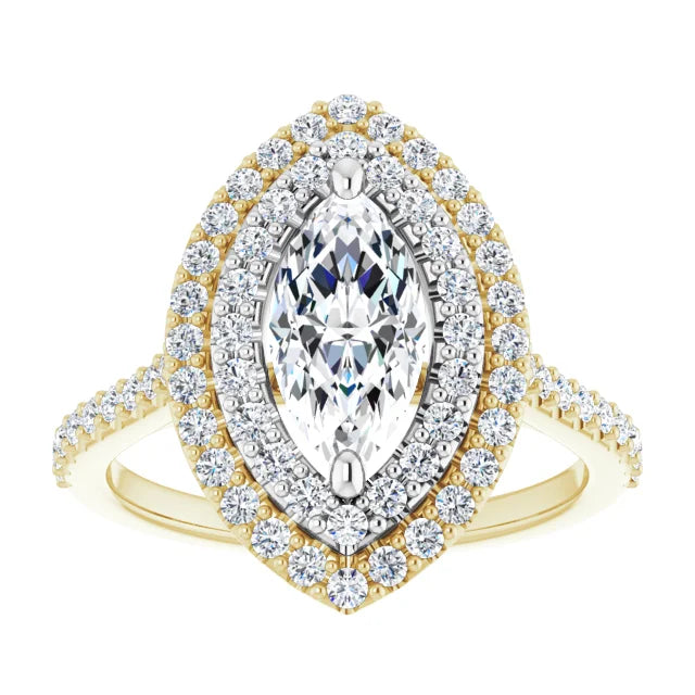 Marquise Double Halo White & Yellow Gold Moissanite Engagement Ring