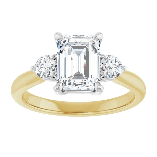 Emerald White & Yellow Gold Tri Stone Moissanite Engagement Ring