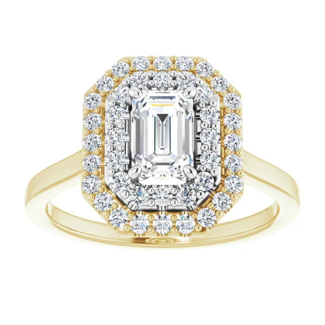 Emerald White & Yellow Gold Double Halo Solitaire Moissanite Engagement Ring