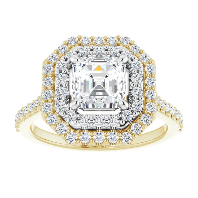 Asscher Double Halo White Yellow Gold Moissanite Engagement Ring