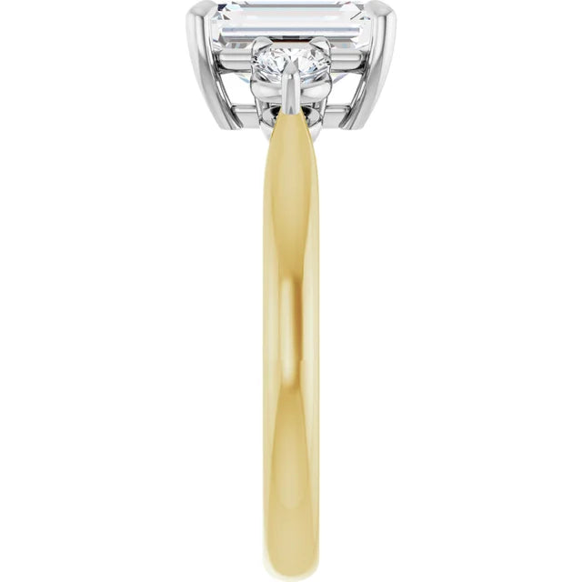 Emerald White & Yellow Gold Tri Stone Moissanite Engagement Ring