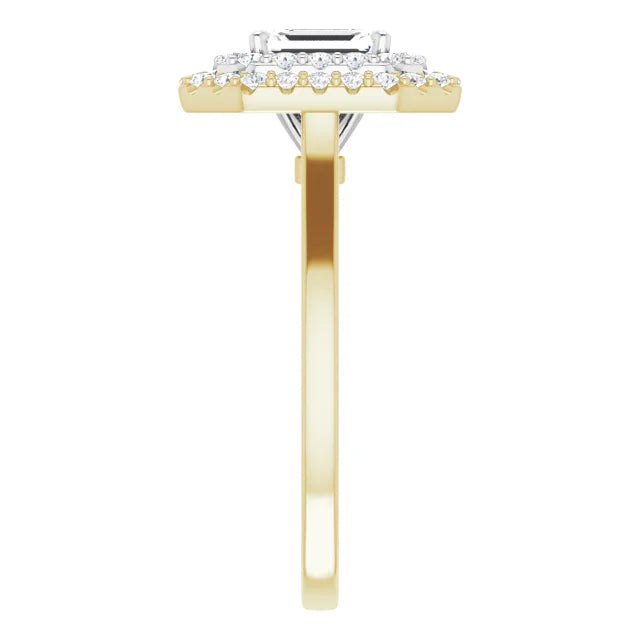 Emerald White & Yellow Gold Double Halo Solitaire Moissanite Engagement Ring