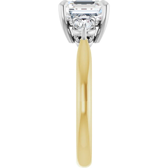 Asscher White & Yellow Gold Tri Stone Moissanite Engagement Ring