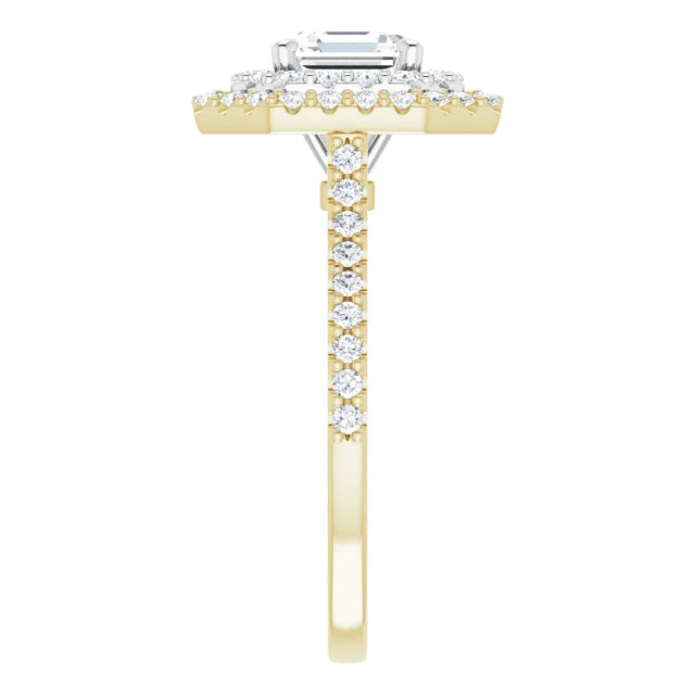 Asscher Double Halo White & Yellow Gold Moissanite Engagement Ring