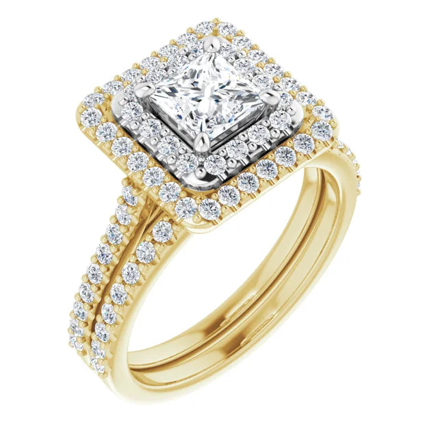 Princess Double Halo White & Yellow Gold Moissanite Engagement Ring
