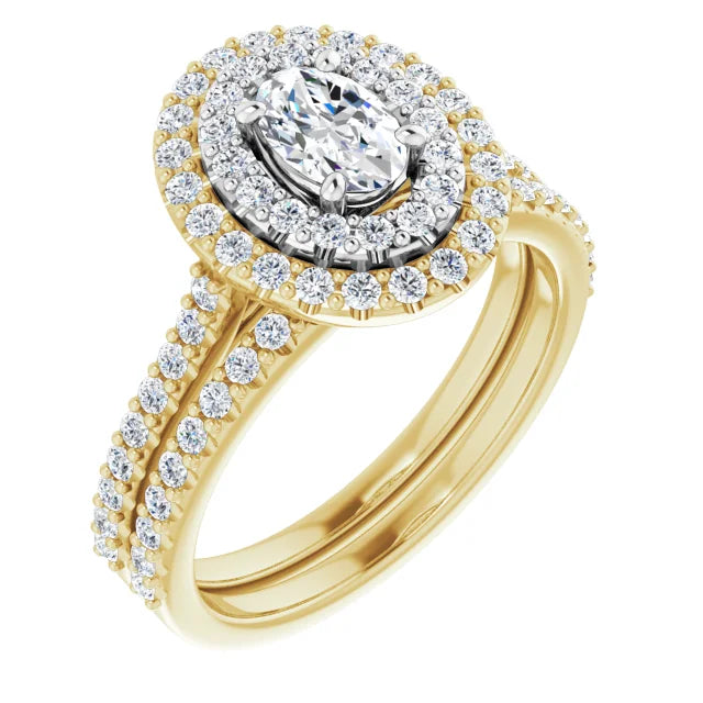 Oval Double Halo White & Yellow Gold Lab Diamond Engagement Ring
