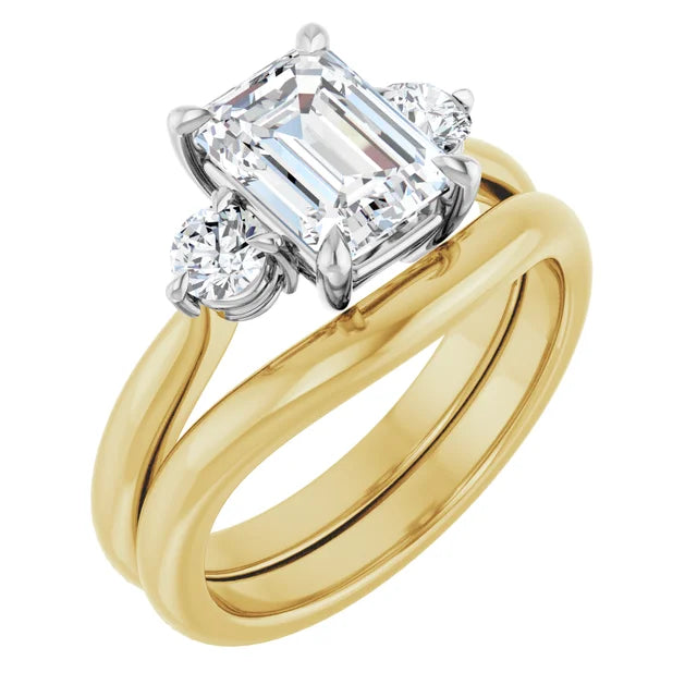 Emerald White & Yellow Gold Tri Stone Moissanite Engagement Ring