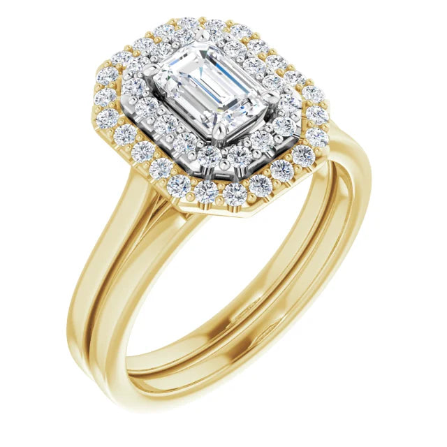 Emerald White & Yellow Gold Double Halo Solitaire Moissanite Engagement Ring