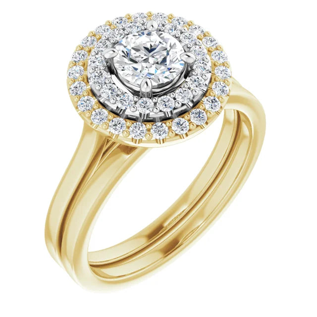 Round Brilliant White & Yellow Gold Double Halo Solitaire Moissanite Engagement Ring
