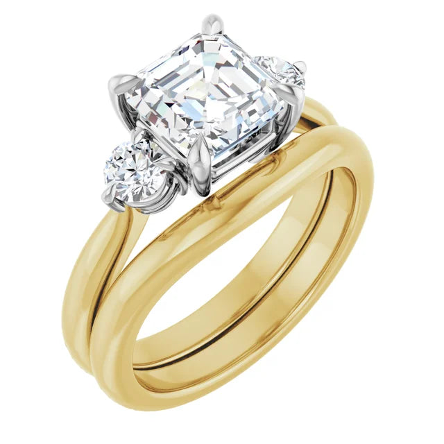 Asscher White & Yellow Gold Tri Stone Moissanite Engagement Ring