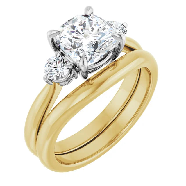 Cushion White & Yellow Gold Tri Stone Moissanite Engagement Ring
