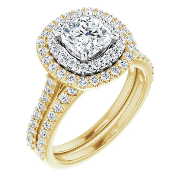 Cushion Double Halo White & Yellow Gold Moissanite Engagement Ring