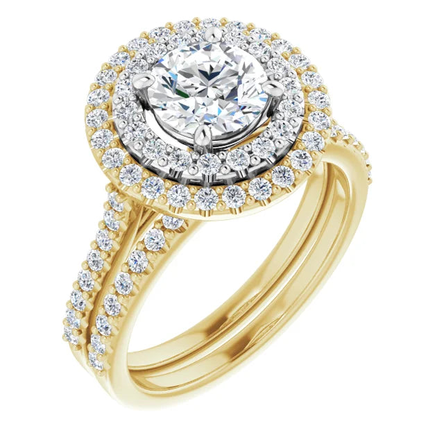 Round Brilliant Double Halo White & Yellow Gold Moissanite Engagement Ring