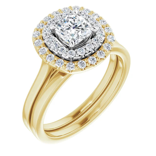 Cushion White & Yellow Gold Double Halo Solitaire Moissanite Engagement Ring
