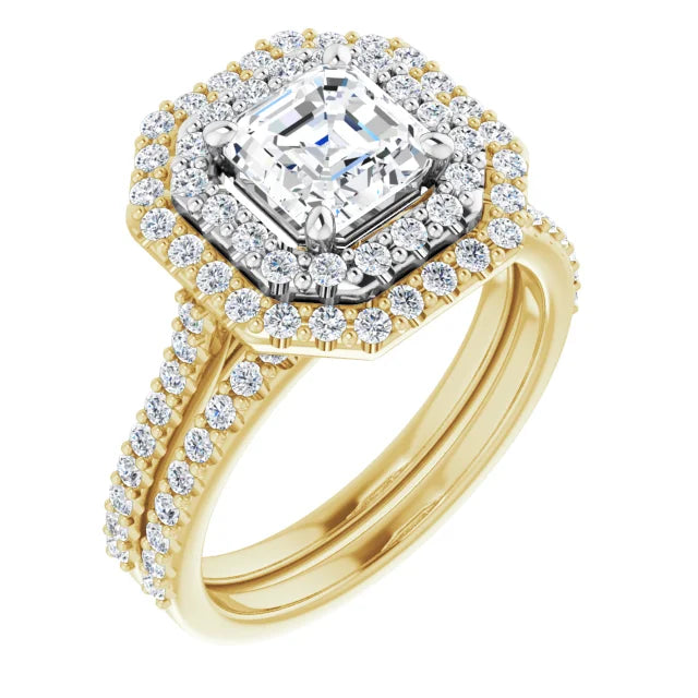 Asscher Double Halo White & Yellow Gold Moissanite Engagement Ring