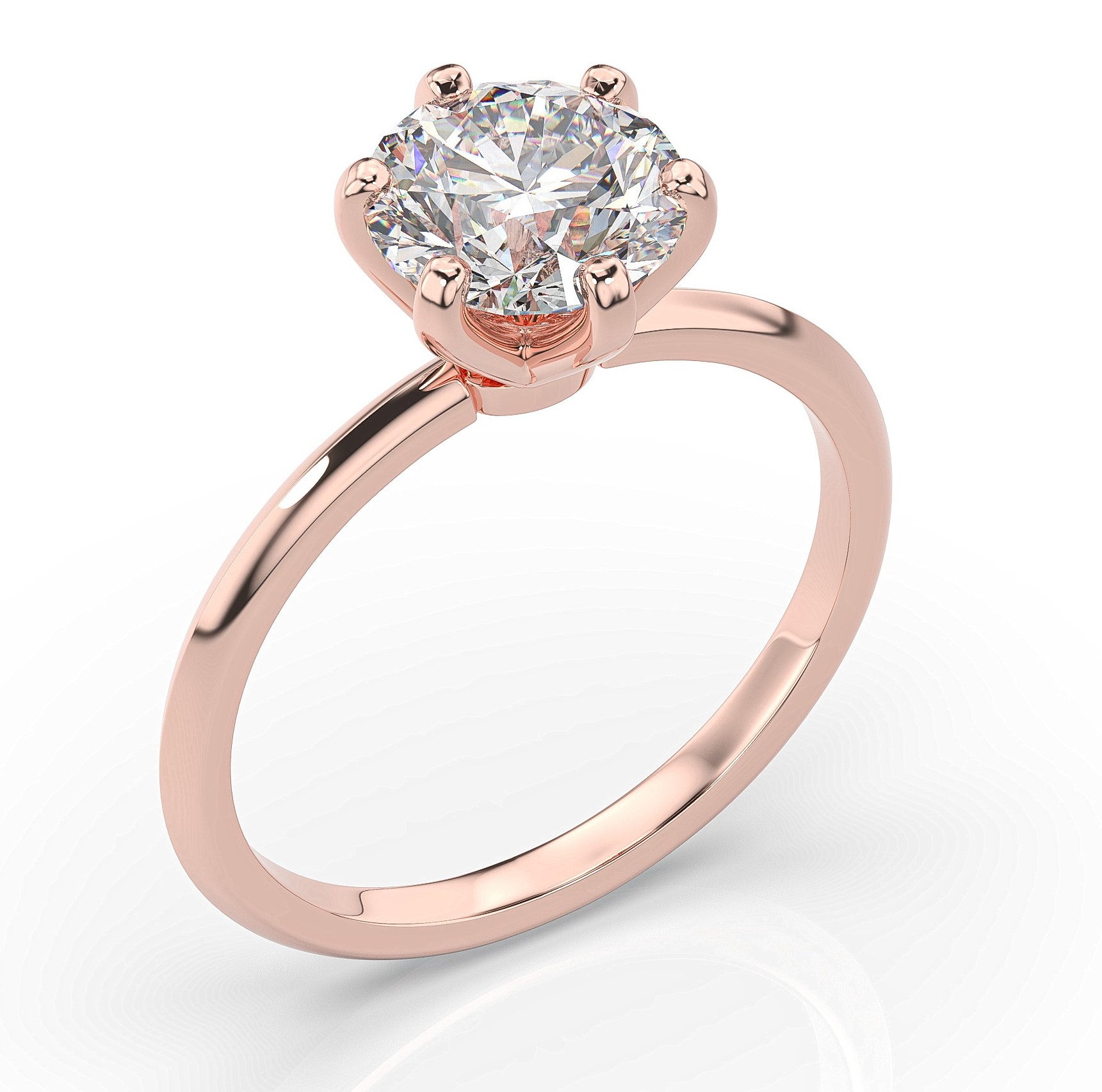 Round Brilliant Rose Gold Six Claw Solitaire Moissanite Engagement Ring